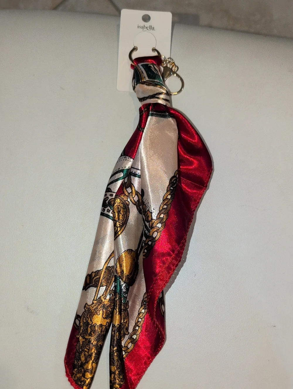Isabella Red and Cream Chain-Print Scarf Keyring